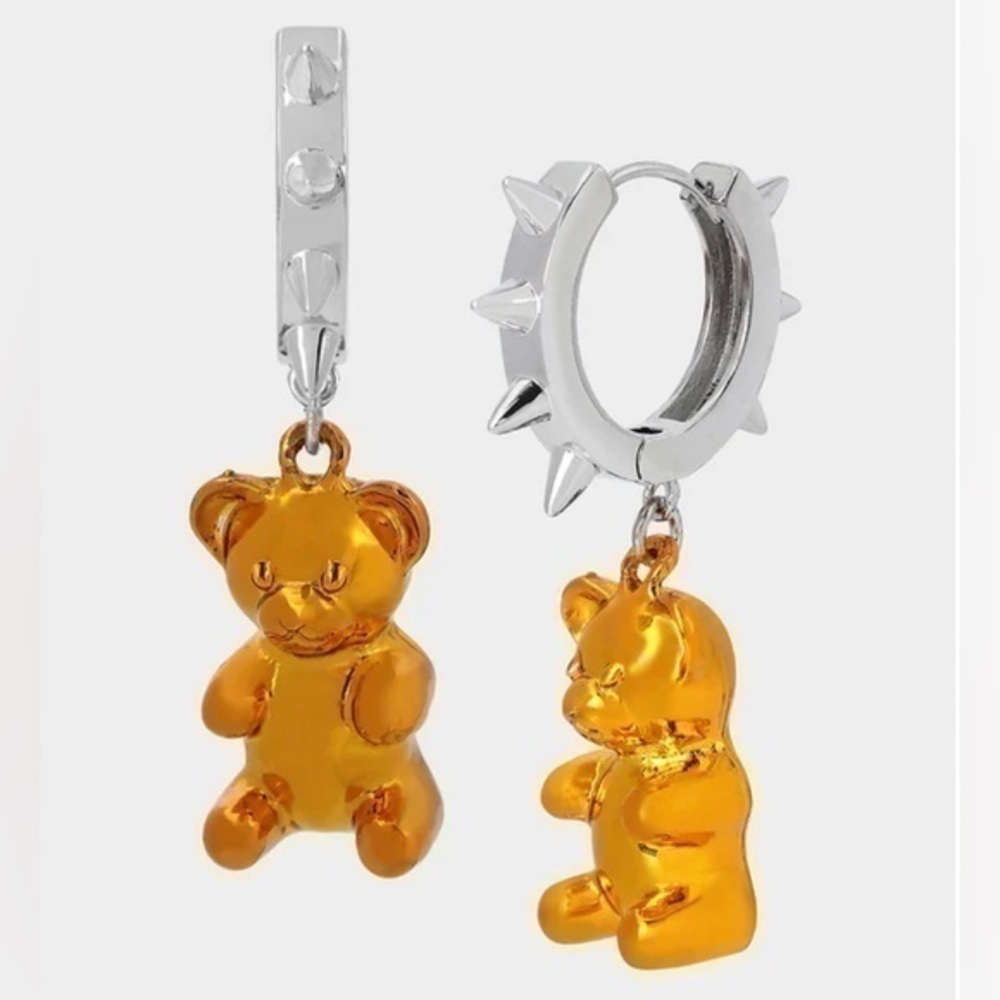Betsey Johnson Silver Spike Hoop Earrings with Amber Gummy Bear Charms